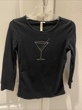 Susan Lawrence Black Long Sleeve Tee with Rhinestone Martini Motif NWOT